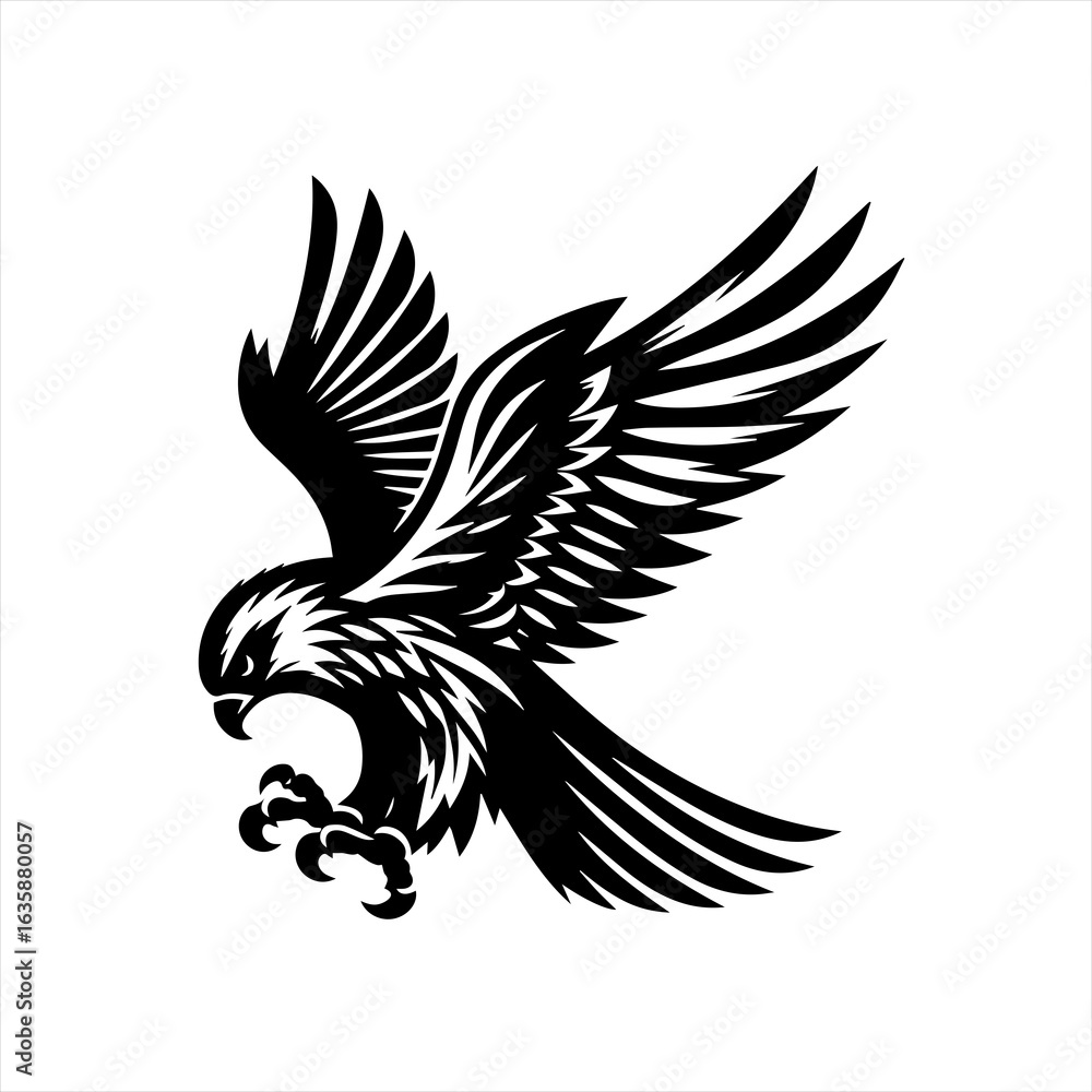 Fototapeta premium Stylized black eagle in flight with open talons and wings