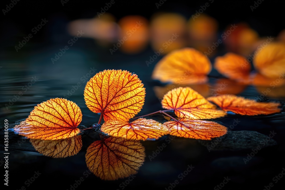 Obraz premium Autumn leaves on water, vibrant orange-gold