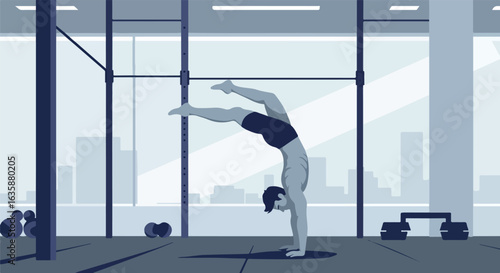 Man handstand workout at fitness club, city skyline. For posters/ads use