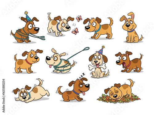 Playful Puppy Cartoon Compilation: A colorful array of cartoon puppies in various playful poses, offering a burst of energy and fun, perfect for conveying joy and lightheartedness.