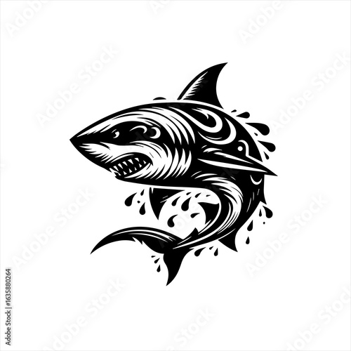 Aggressive shark tribal tattoo design with water splashes