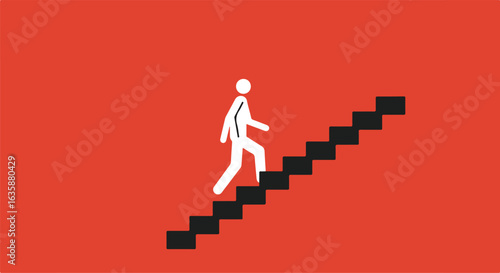 Stick figure ascending staircase in a studio; conceptual image for career growth