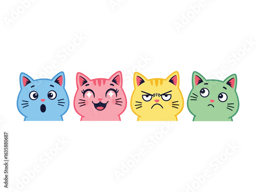 A Quartet of Cat Expressions: A whimsical collection of four cartoon cats, each displaying a unique emotion. A delightful exploration of feline feelings in a charming display of color and expression.