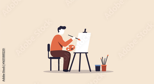 Flat Illustration Artist with easel, painting in a minimal studio. Blank canvas