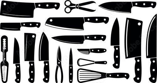 A diverse collection of kitchen knives and utensils showcasing a variety of blades and tools for culinary preparation