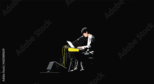 Musician playing keyboard and singing on stage in a dark background for promotion use