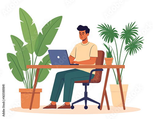 Young man working on a laptop at a desk in a modern home office Flat vector illustration of a freelancer surrounded by lush green houseplants.