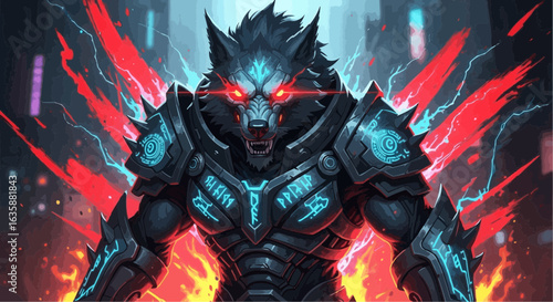 Cyberpunk Wolf Warrior – Futuristic Fantasy Beast with Glowing Eyes and Armor