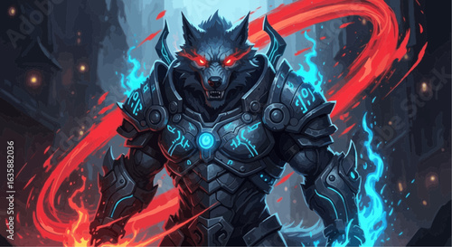Cyberpunk Wolf Warrior – Futuristic Fantasy Beast with Glowing Eyes and Armor