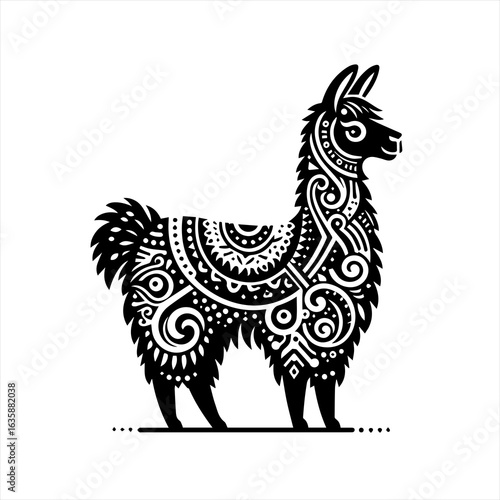 Stylized llama with intricate black and white tribal patterns