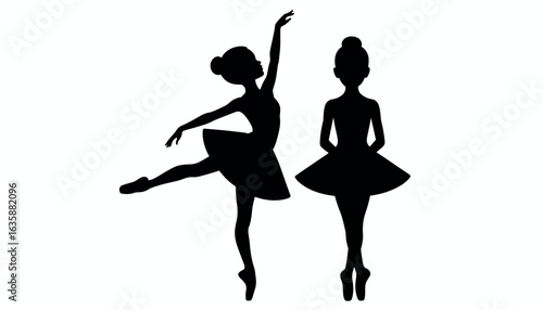 Silhouettes of two elegant ballerinas gracefully performing classical ballet poses on a white background