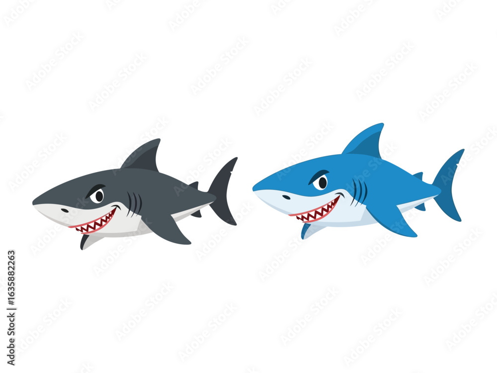 Obraz premium Cartoon Sharks: Two cartoon sharks in a playful pose against an isolated background, one gray, and the other blue.