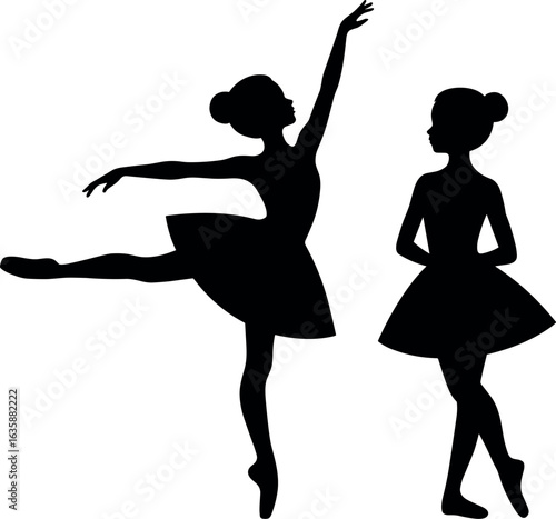 Silhouettes of two graceful ballerinas performing elegant poses in a dance studio against a white background