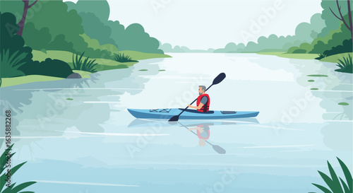 Man kayaking on the river, surrounded by trees, use in recreation ads