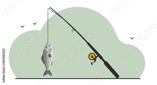 Flat vector image Fish caught on rod, birds flying over lake, for outdoor ads