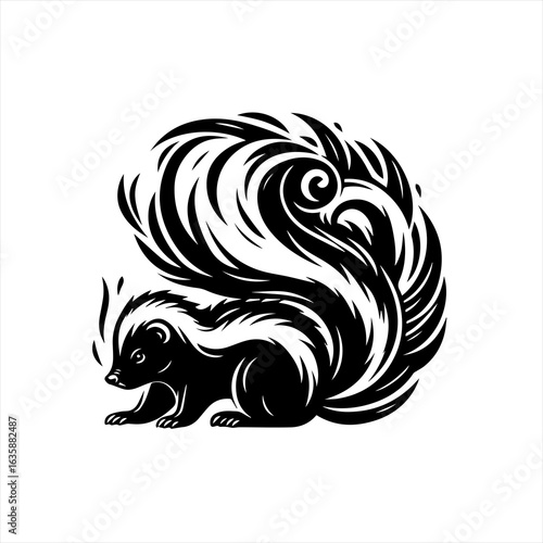 Stylized black and white skunk with bushy tail