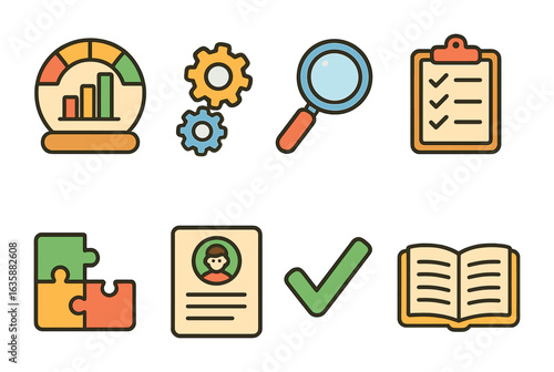 Children's Skill Icons. Flat vector mini-illustrations skills assessment in colors children's illustrations: