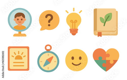 Children's Self-Discovery Icons. Flat vector mini-illustrations self-discovery exercises in colors children's