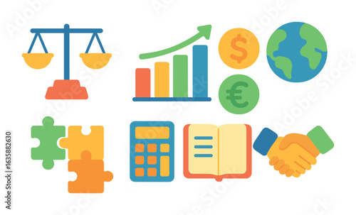 Playful Economic Icons. Flat vector mini-illustrations economic balance in colors children's illustrations: