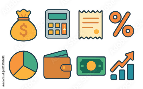 Finance Icons Grid. Flat vector mini-illustrations revenue and profit in colors children's illustrations: coin