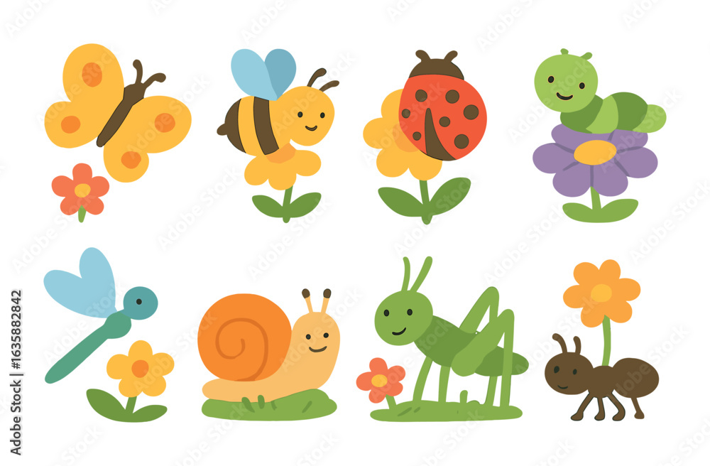 Fototapeta premium Insects and Flowers Delight. Flat vector mini-illustrations Insects among flowers in colors children's