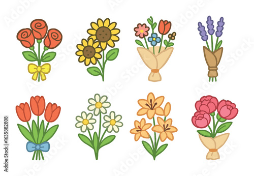 Colorful Flower Bouquets. Flat vector mini-illustrations Flower bouquets in colors children's illustrations: