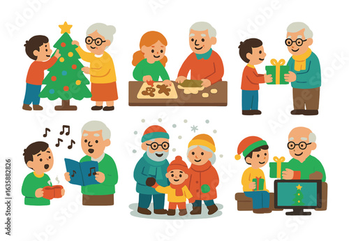 Festive Family Fun. Flat vector mini-illustrations Holiday time with grandparents in colors children's