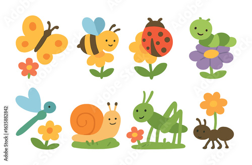 Insects and Flowers Delight. Flat vector mini-illustrations Insects among flowers in colors children's