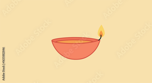 Lit oil lamp burning brightly against a beige background, celebrating prosperity