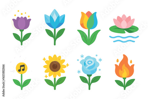 Magical Floral Icons. Flat vector mini-illustrations Magical fantasy flowers in colors children's