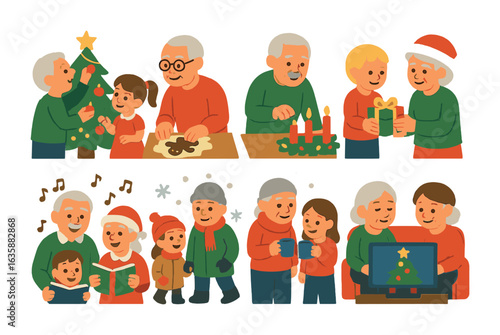 Festive Family Fun. Flat vector mini-illustrations Holiday time with grandparents in colors children's