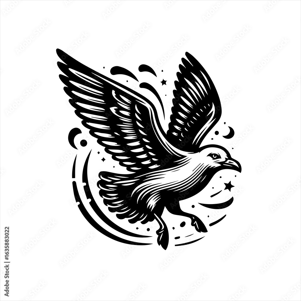 Obraz premium Stylized black and white illustration of a soaring seagull with celestial elements