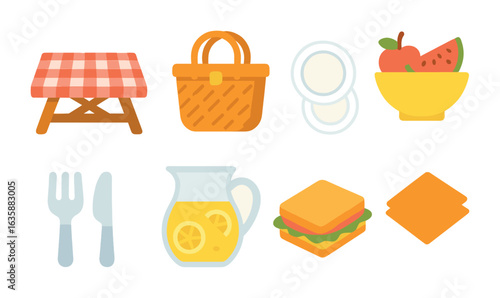 Colorful Picnic Setup. Flat vector mini-illustrations Picnic table setup in colors children's illustrations: