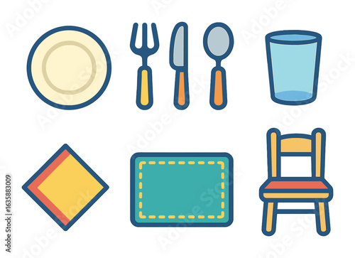 Classic Table Setting. Flat vector mini-illustrations Classic table setting in colors children's illustrations