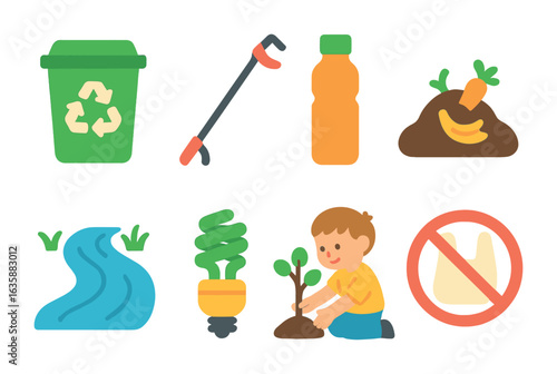 Eco Lessons for Kids. Flat vector mini-illustrations Environmental care lessons in colors children's