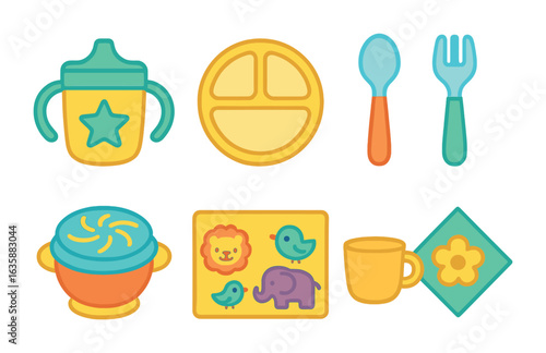 Kid's Tableware Icons. Flat vector mini-illustrations Kid-friendly tableware in colors children's