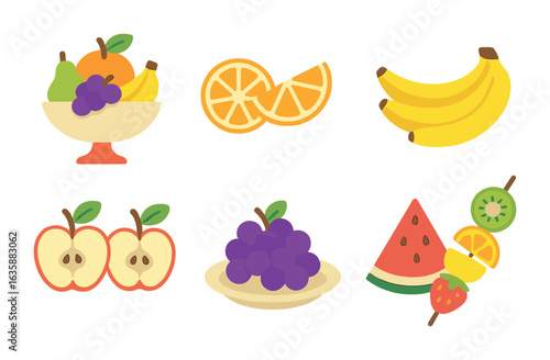 Colorful Fruit Table. Flat vector mini-illustrations Table setting with fruits in colors children's
