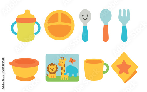 Kid's Tableware Icons. Flat vector mini-illustrations Kid-friendly tableware in colors children's