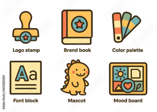 Playful Brand Icons. Flat vector mini-illustrations Brand identity creation in colors children's illustrations