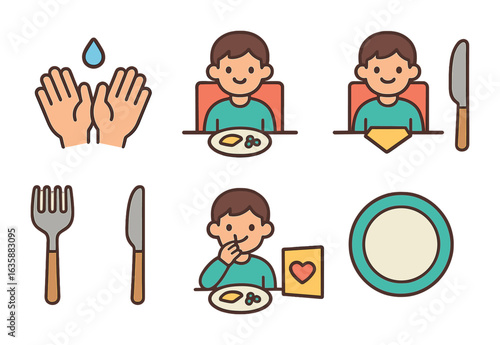 Table Etiquette Icons. Flat vector mini-illustrations Table manners and setting etiquette in colors children's