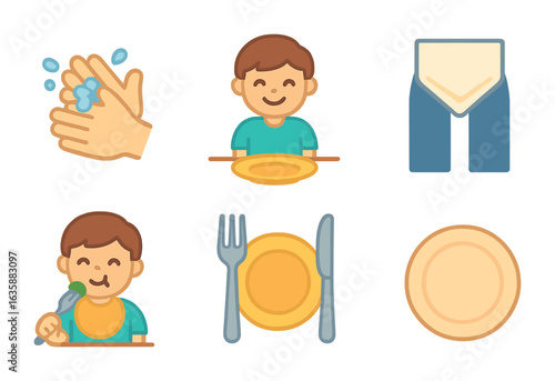 Table Etiquette Icons. Flat vector mini-illustrations Table manners and setting etiquette in colors children's