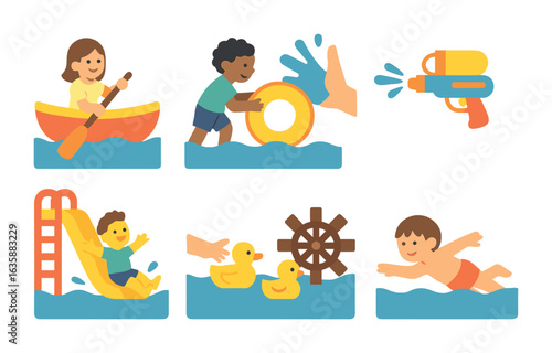 Water Play Icons. Flat vector mini-illustrations Push forces in water in colors children's illustrations: