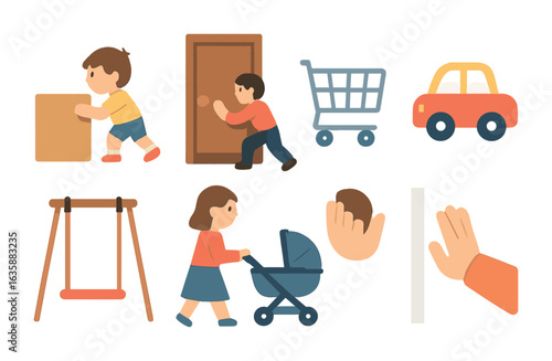 Pushing Motion Illustrations. Flat vector mini-illustrations The force of pushing in colors children's