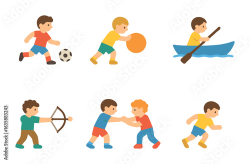 Sports Dynamics Icons. Flat vector mini-illustrations Push and pull in sports in colors children's