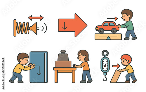 Science Class Experiments. Flat vector mini-illustrations Push movements in science class in colors children's
