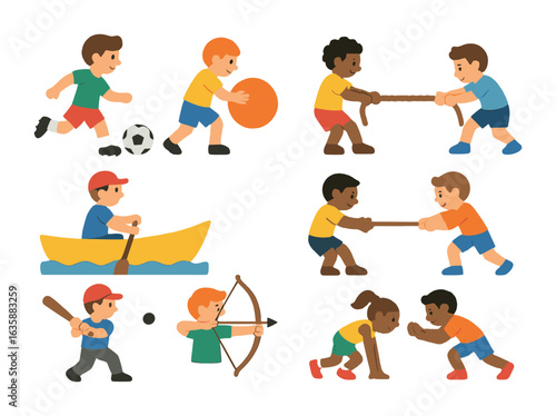 Sports Dynamics Icons. Flat vector mini-illustrations Push and pull in sports in colors children's