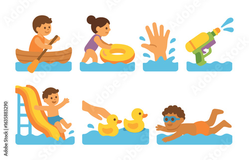 Water Play Icons. Flat vector mini-illustrations Push forces in water in colors children's illustrations: