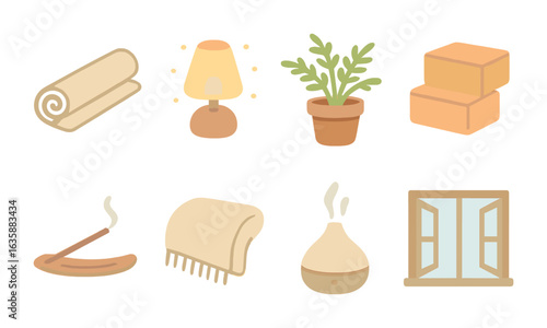 Cozy Yoga Space Icons. Flat vector mini-illustrations Cozy home yoga space in colors children's illustrations: