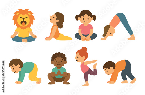 Animal Yoga Poses. Flat vector mini-illustrations Animal-inspired yoga poses in colors children's