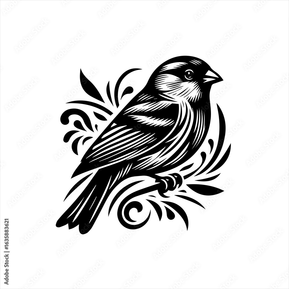 Naklejka premium Black and white illustration of a bird perched on a branch with decorative elements